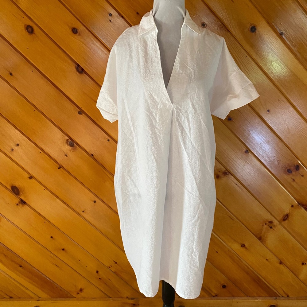 White by Nature XL Cotton Textured V-Neck Tunic Dress Short Sleeve White